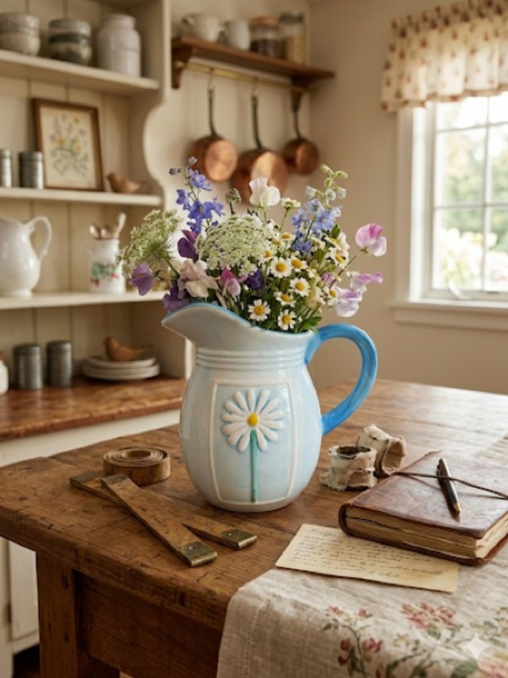 Blue Daisy Ceramic Pitcher Vase with‎ Handle
